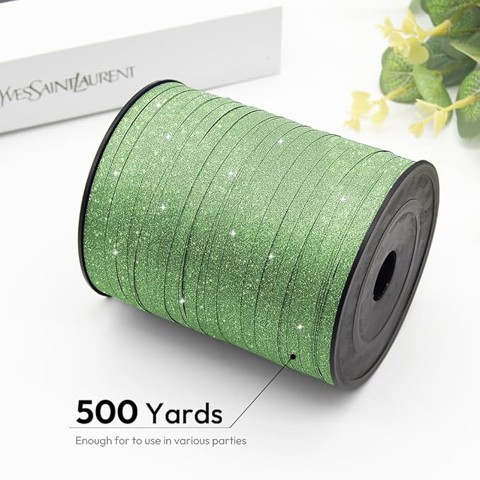KMER LIFE Green Glitter Curling Ribbon, 1/5" Wide x 500 Yards Christmas Curling - Image 2