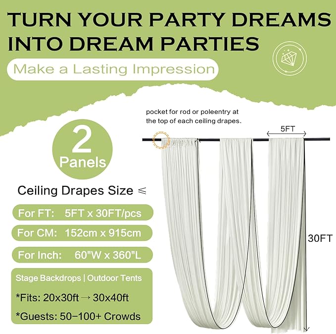PartyVillage 2 Panels 5ftx30ft Ivory Ceiling Drapes - Image 7