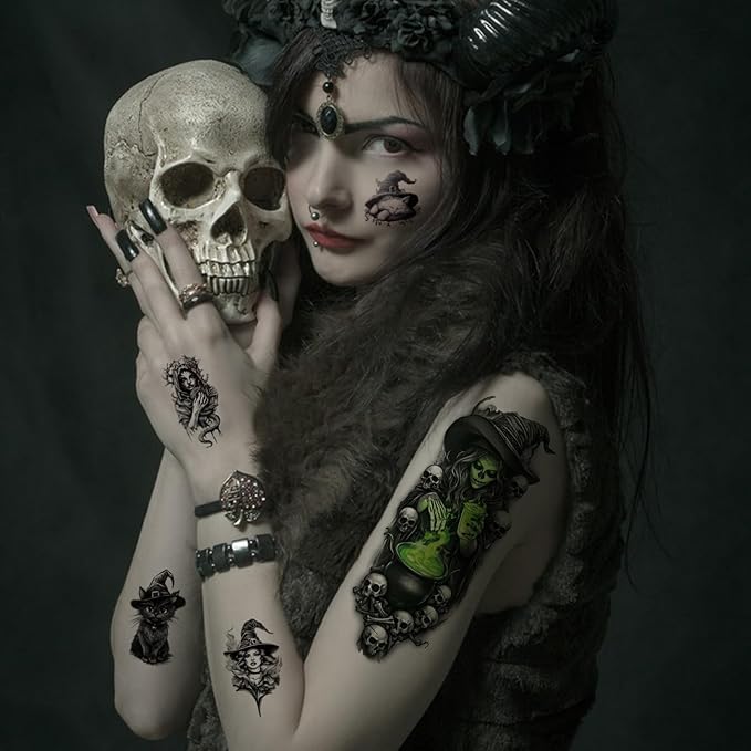 77 Sheets Witch Temporary Tattoos Women Men Adults, Skeleton Death Skull - Image 7