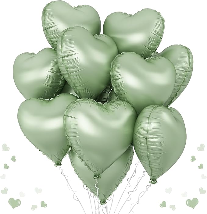 Sage Green Heart Foil Balloon, Light Green Heart Shaped Mylar Balloons by TAOYE