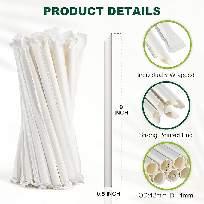 9 Inch Individually Wrapped Disposable White Paper Boba Straws, Bubble Tea - Image 2