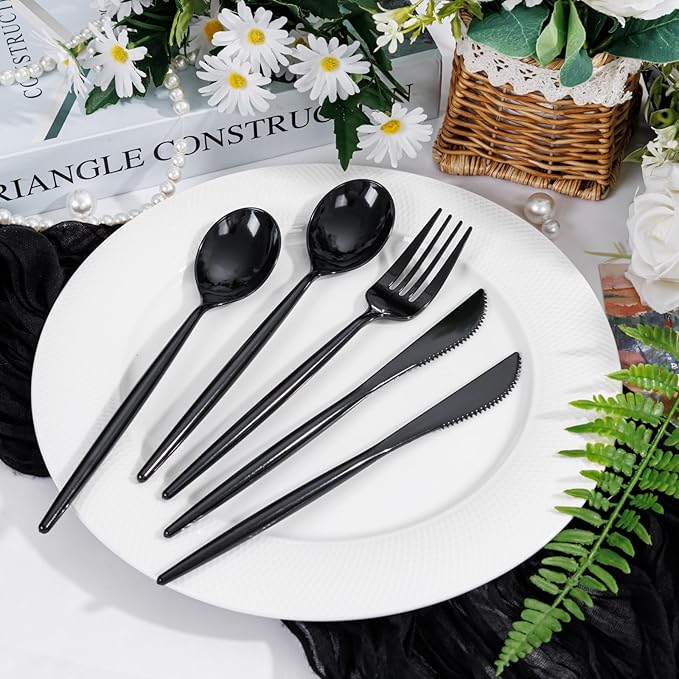 Supernal 360pcs Black Plastic Silverware Heavy Duty Black Plastic Utensils - Image 2
