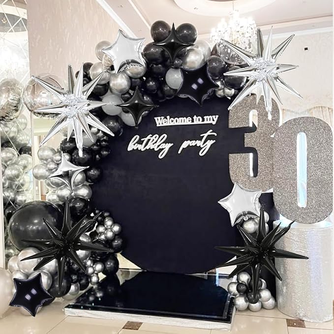 Black and Silver Star Balloons, 22in Large Star Balloons Foil 10in 4-Pointed & - Image 7