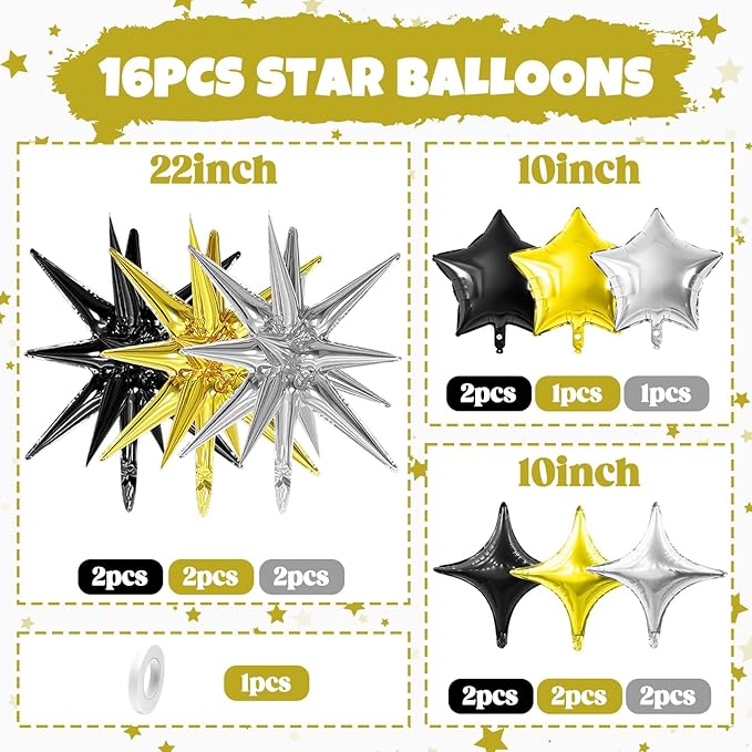 Black Gold Silver Star Balloon - Image 2