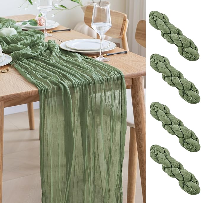 Asee'm 4pcs Cheesecloth Table Runner 120 Inches Sage Green Boho Gauze Cheese by Aseem