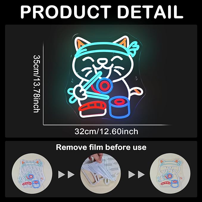 Wanxing LED Neon Sign for Wall Decor, Ramen Cat Eat Sushi Neon Light, USB - Image 5