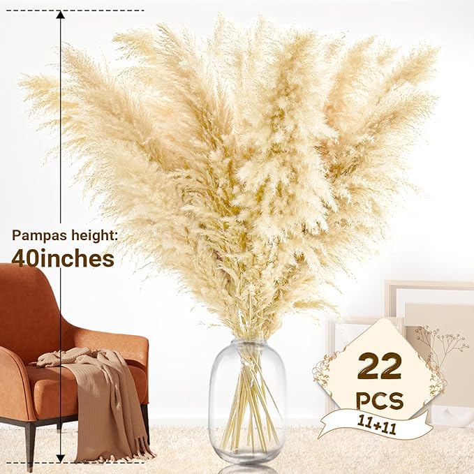 40" 22PCS Dried Pampas Grass Decor Tall, Large Natural Beige pompas Grass Tall - Image 2