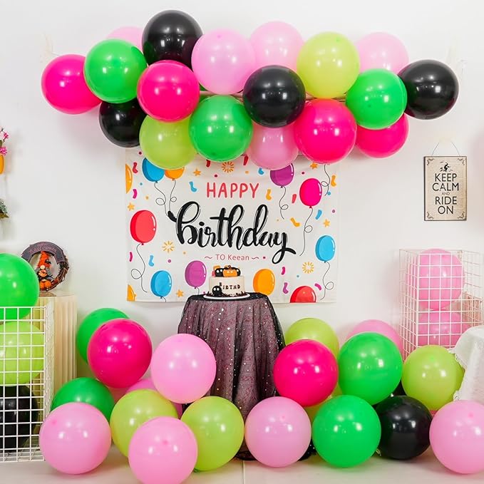 Black and Pink Green Balloons, 12 Inch Hot Pink Dark Light Green Black Latex - Image 3