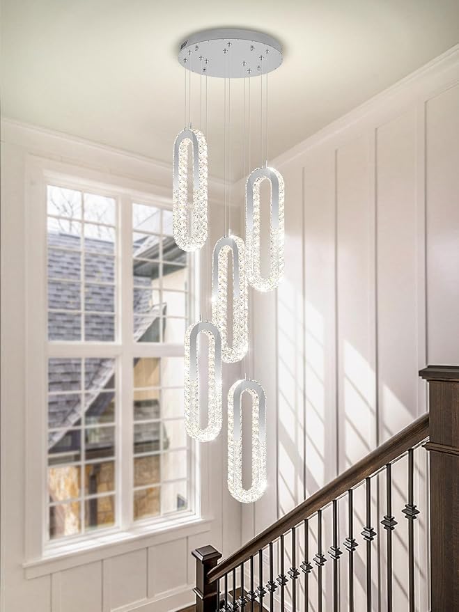 5 Rings Crystal Chandeliers for Staircase Large Pendants Light Fixture Silver - Image 6