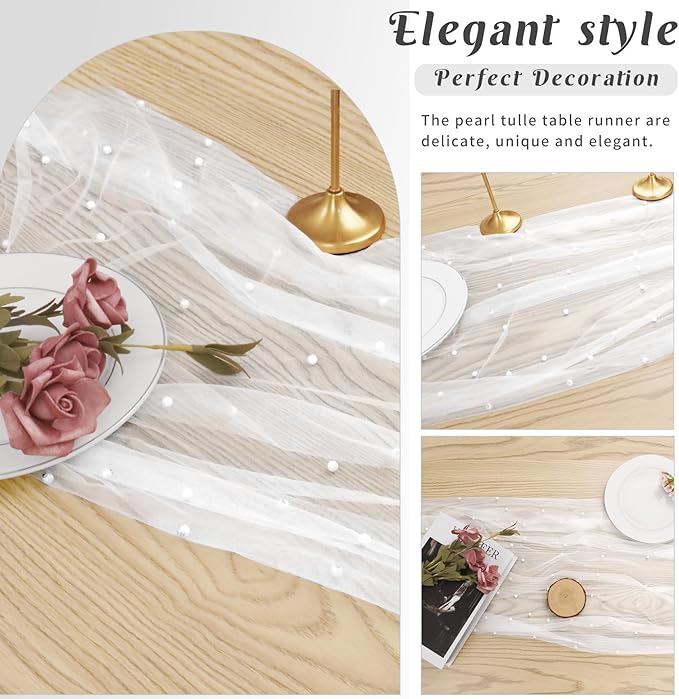 Pearl Table Runner 29 x 120 Inch Tulle Fabric Lace Table Runners Boho Rustic - Image 4