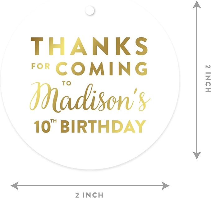 Andaz Press Personalized Round Circle Birthday Gift Tags, Metallic Gold Ink - Image 3