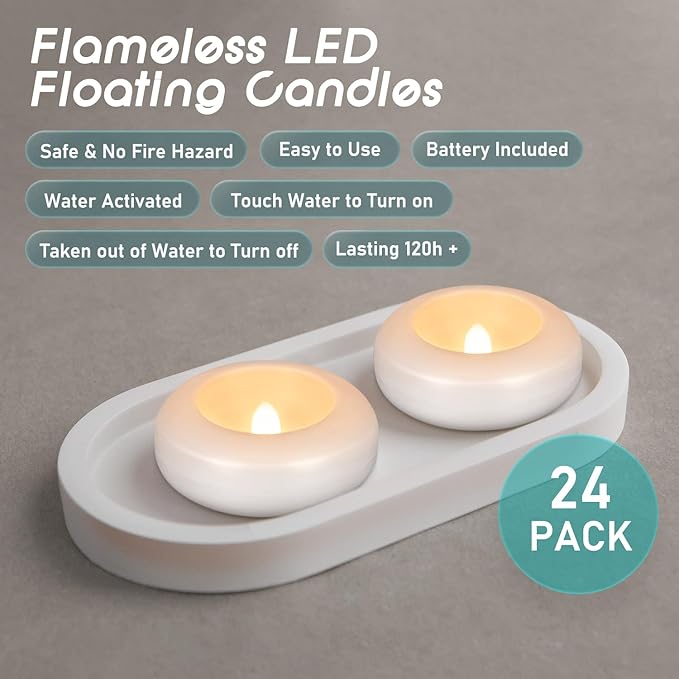24Pack Waterproof Flameless Floating Tealights, 120+Hour Warm White Battery - Image 8