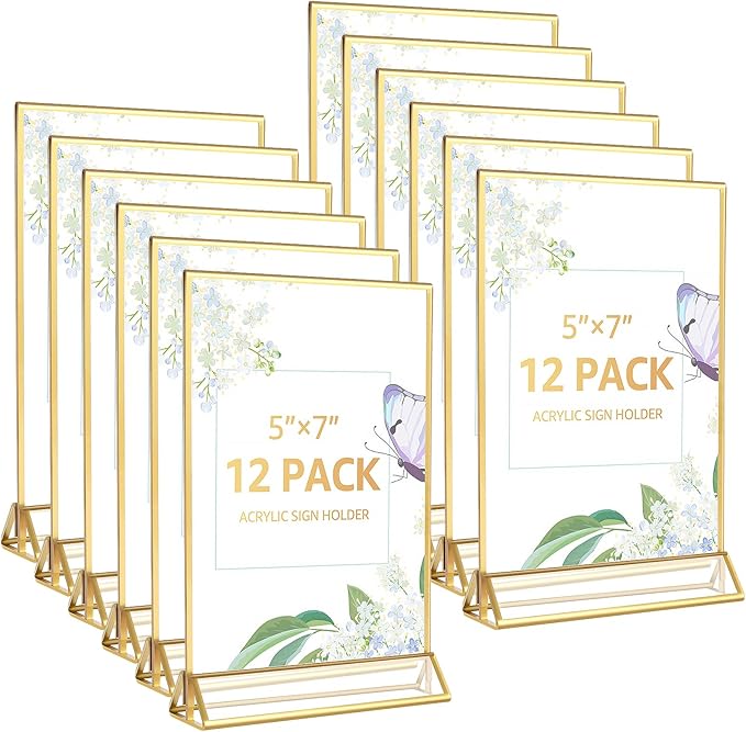 12 Pack Acrylic Sign Holder, 5x7 Inch Double-Side Gold Picture Frames Stands by Unknown