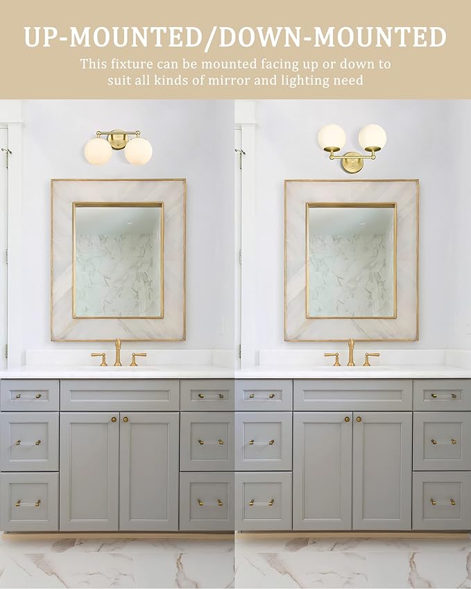 Gold Bathroom Light Fixtures, 2-Light Vanity Lights Over Mirror Wall Sconce - Image 3