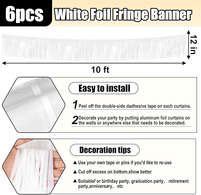 6 Pack 10 Feet White Foil Fringe Garland Metallic Tinsel Streamers Banner Wall - Image 2