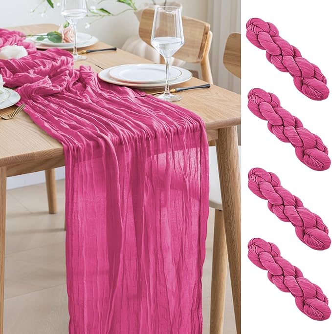 Asee'm 4pcs Cheesecloth Table Runner 120 Inches Long Deep Pink Boho Gauze by Aseem