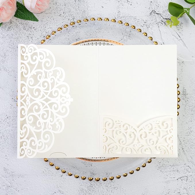 ponatia 5.12 x 7.2 Ivory Laser Cut Wedding Invitations, Trifold Laser Cut by ponatia
