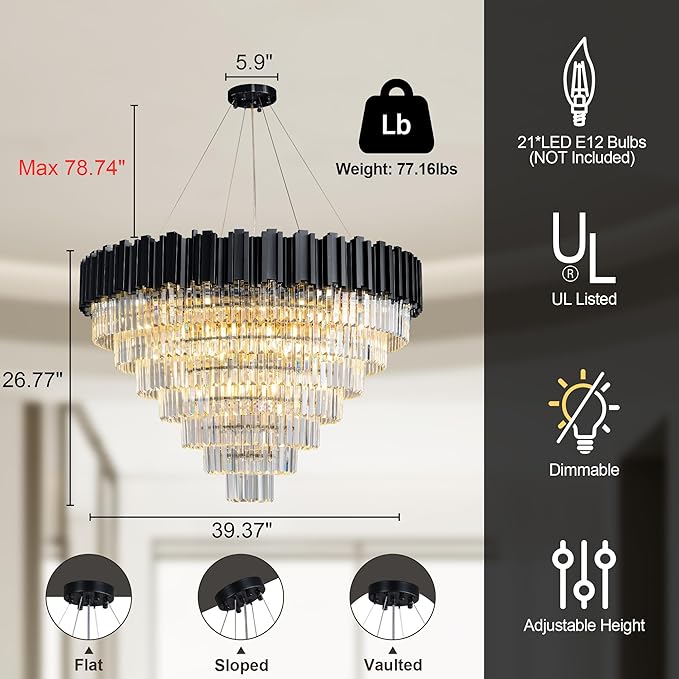 39" Black Crystal Chandelier, 21-Light Modern Luxury Round Chandelier, 7-Tier - Image 3