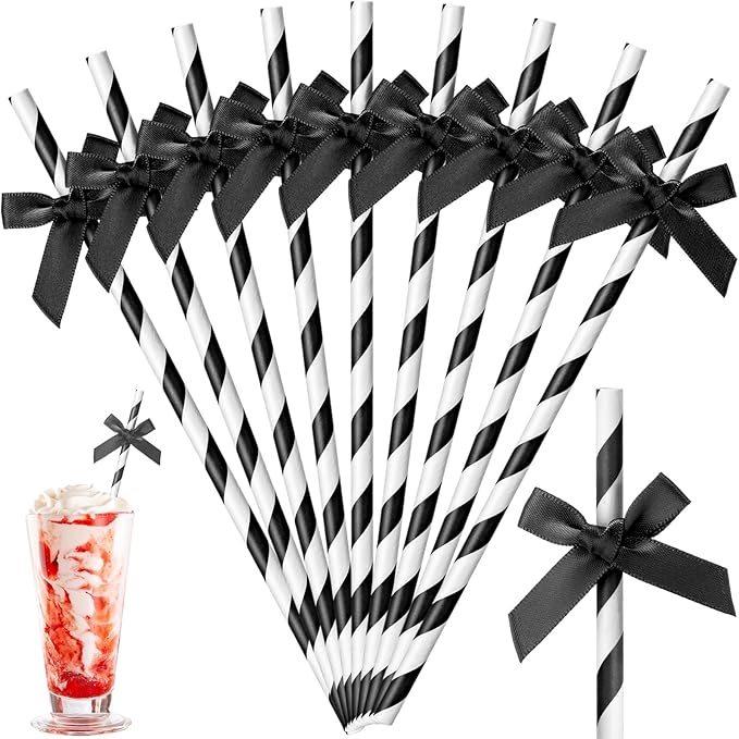 50 Pcs Black Bow Paper Straws for Drinking by Potchen