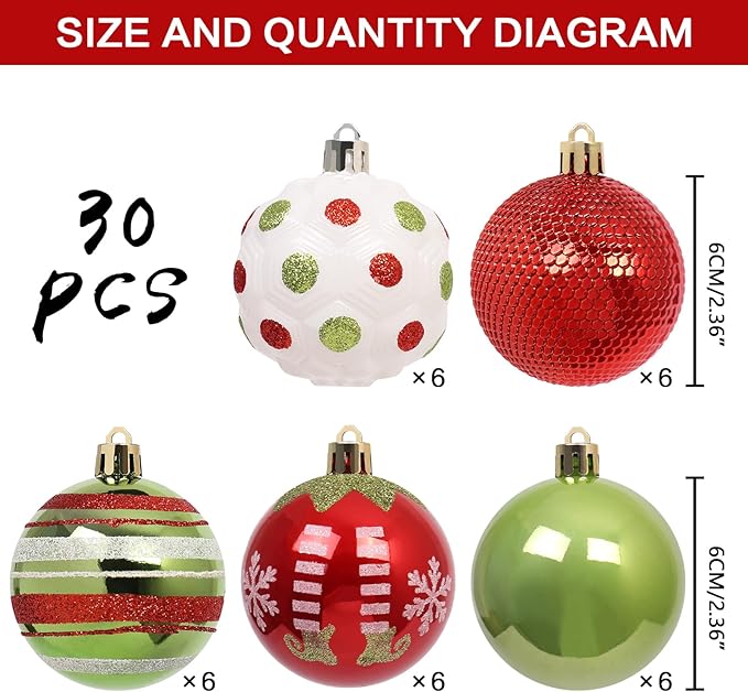 RoseCraft 30PCS Christmas Ornaments Set, 60MM/2.36" Red Green White Christmas - Image 2