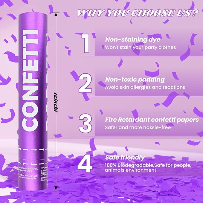 Confetti Cannon 12Pack Purple Biodegradable Cannon Poopers 12Inch Purple Party - Image 3