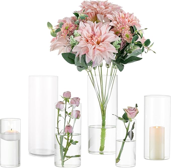 Glasseam Clear Cylinder Vases for Centerpieces, Glass Cylinder Vase Set of 6 by Glasseam