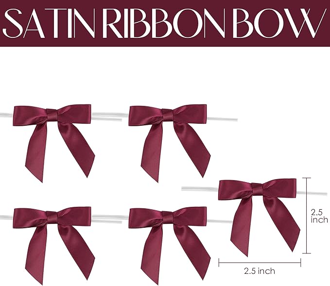 AIMUDI Burgundy Twist Tie Bows 2.5" Pre Tied Maroon Bows Premade Satin Gift Bows - Image 2