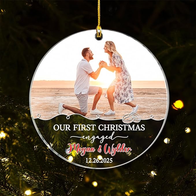 Our First Christmas Engaged Ornament, Customized Name Date & Photo Couple Just - Image 3