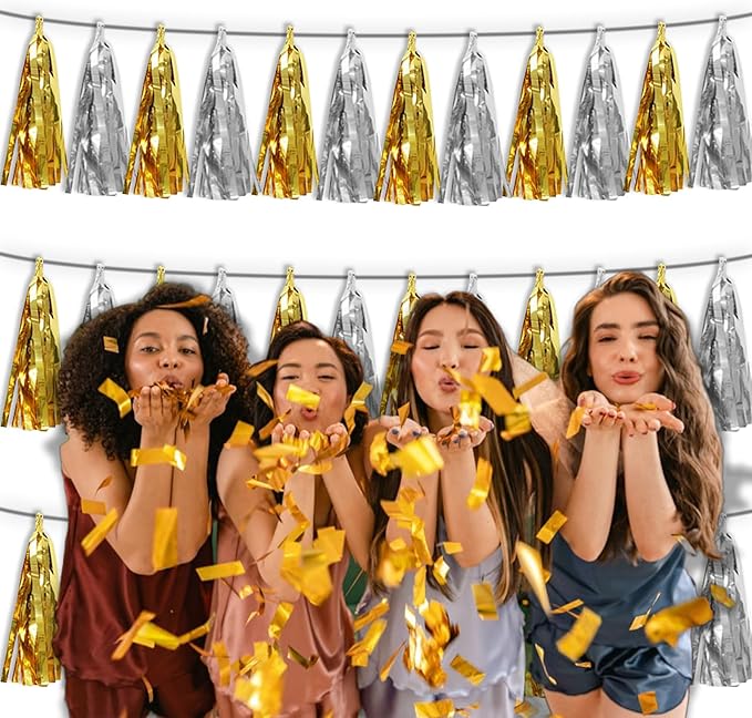 3P Gold Silver Metallic Fringe Tassel Banner Garland Foil Tinsel Streamer Wall - Image 6