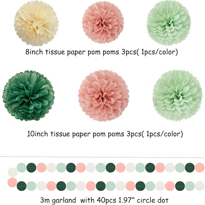 Sage-Olive Green Pink-Beige Boho Party Decorations -23pcs Rustic Neutral - Image 2