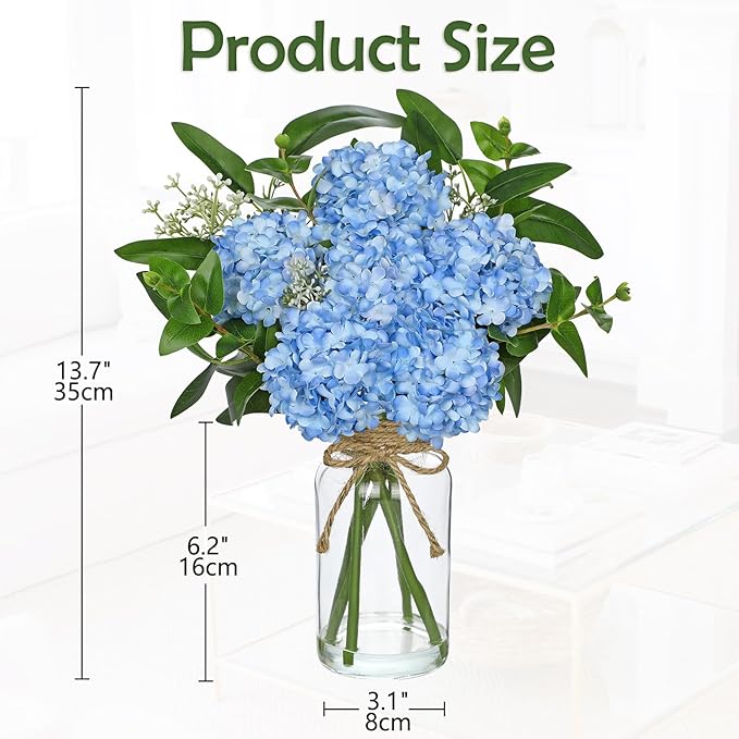 Hollyone Blue Hydrangea Artificial Flowers in Clear Glass Vase - Image 2
