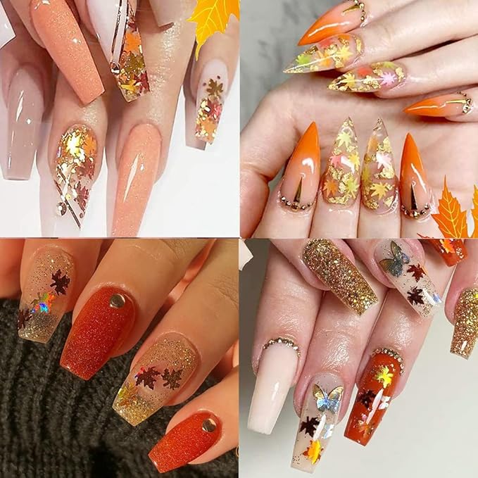Maple Leaf Shape Glitter Fall Nail Art Sequins, 3D Metallic Red God Orange - Image 2