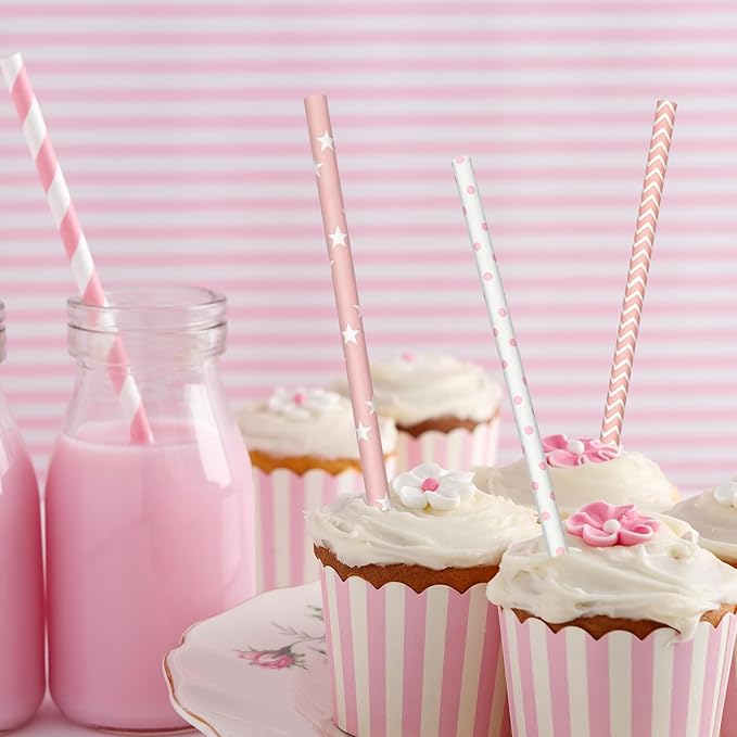 200 Biodegradable Pink Paper Straws, Party Straws - Image 4
