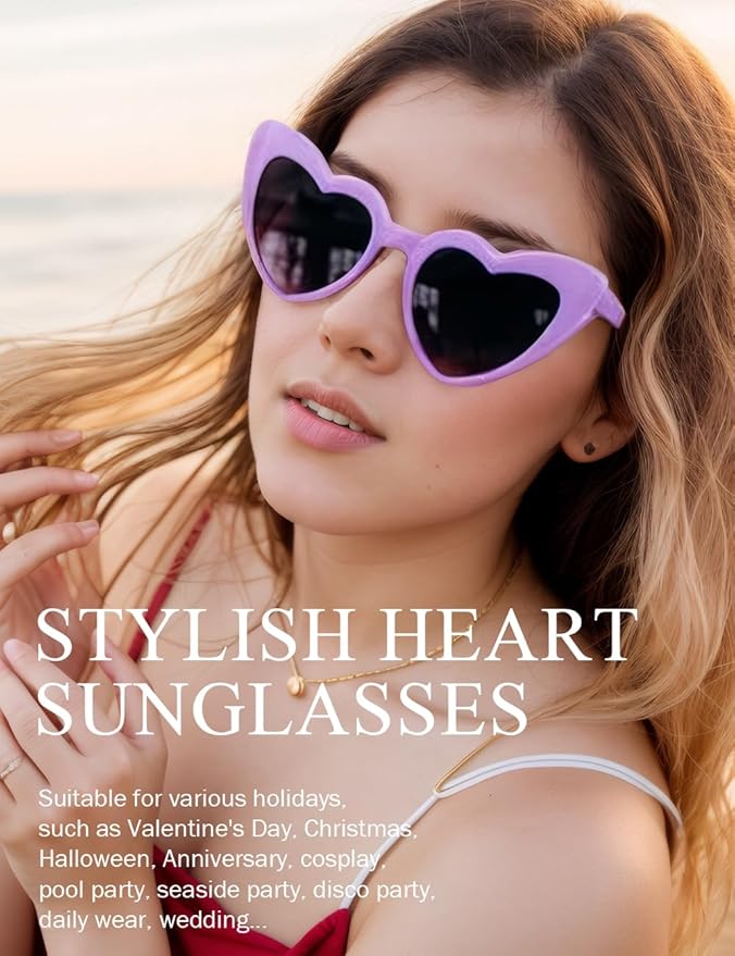 8 Pack Heart Sunglasses Vintage Cat Eye Heart Glasses Retro Bachelorette Bride - Image 3