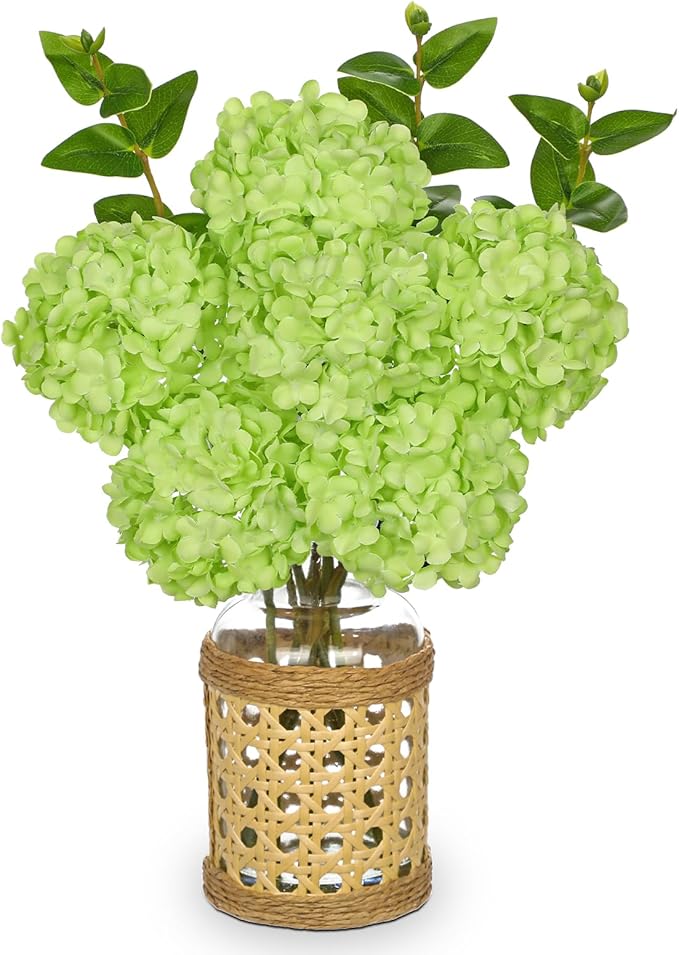 Hollyone Green Hydrangea Artificial Flowers in Woven Glass Vase by Hollyone
