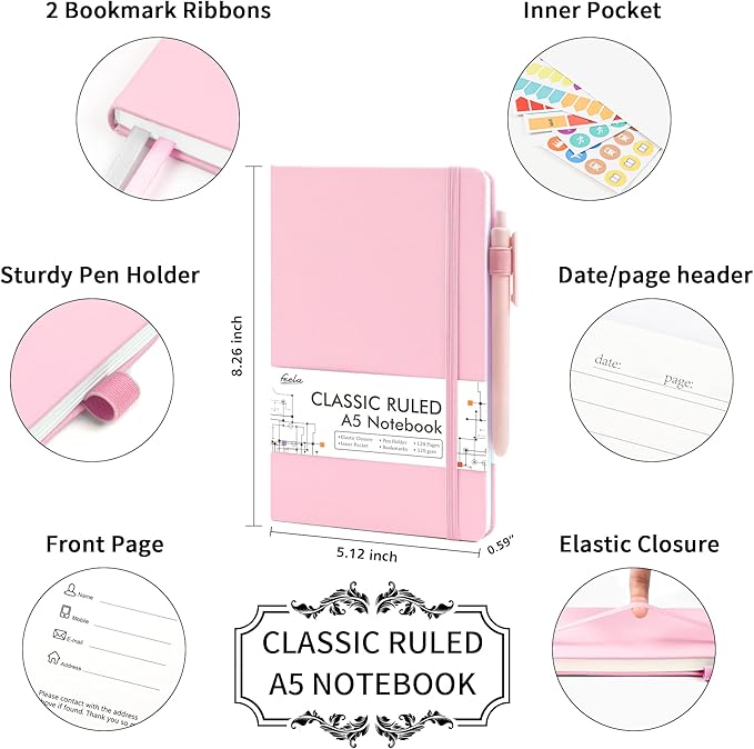 feela 5 Pack Notebooks Journals Bulk, Hardcover Notebook Classic Ruled Lined - Image 2