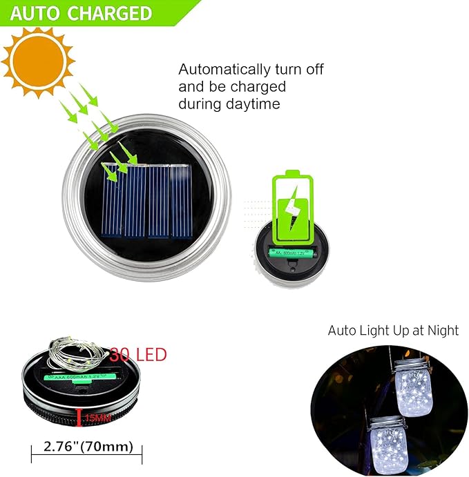 VOOKRY 12 Pack Solar Mason Jar Lights, 30 LED Mason Jar Lids Waterproof Firefly - Image 3