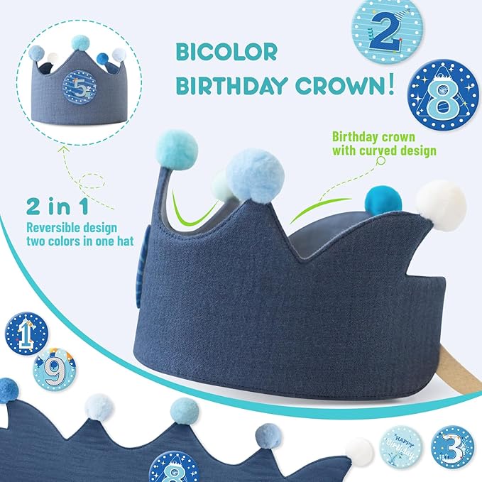 Reusable Birthday Crown with Numbers, Kids Birthday Hat Fabric Crown Pertain - Image 2