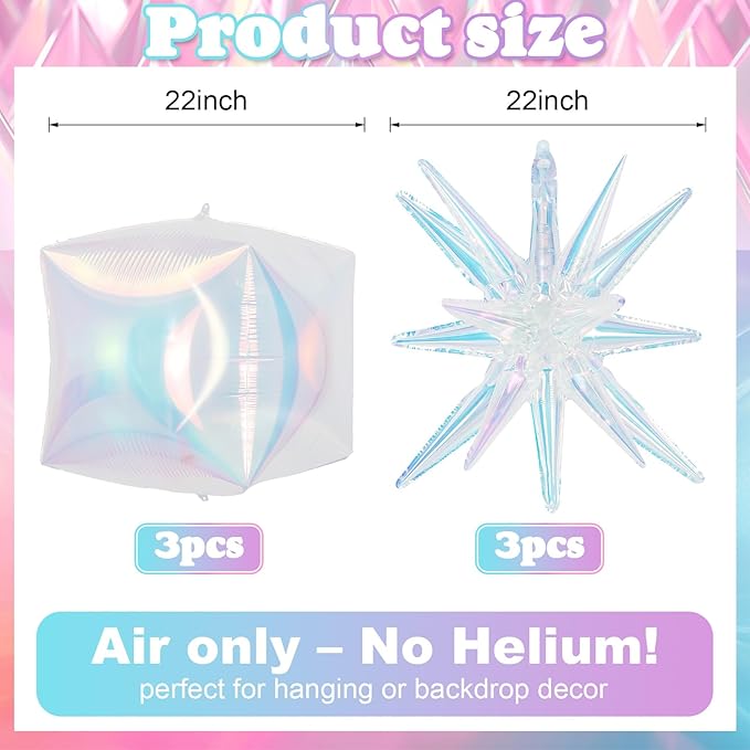 6Pcs Iridescent Foil Balloons, 22in Square Foil Balloons and Explosion Star - Image 2