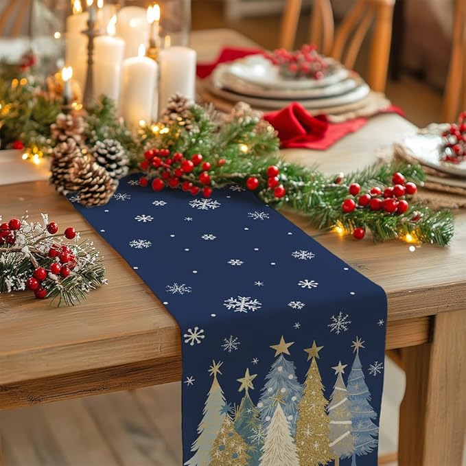 GEEORY Christmas Table Runner 13x48 Inch, Xmas Trees Snowflakes Holiday - Image 2