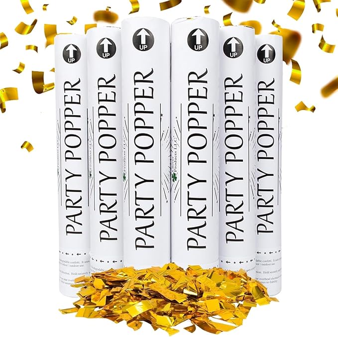 Confetti Cannons 12" – 6 Pack Gold Mylar Confetti Poppers | Party Poppers by CloverProducts