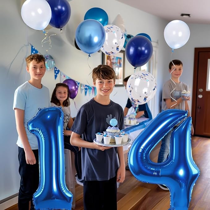 Large Foil Number 14 Balloons, Big Light Navy Blue 14 Helium Balloon - Image 4