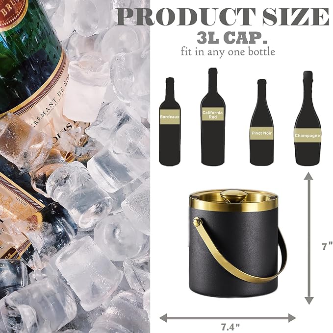 Insulated Ice Bucket with Lid, Handle and Tong Black Gold Stainless Steel - Image 2