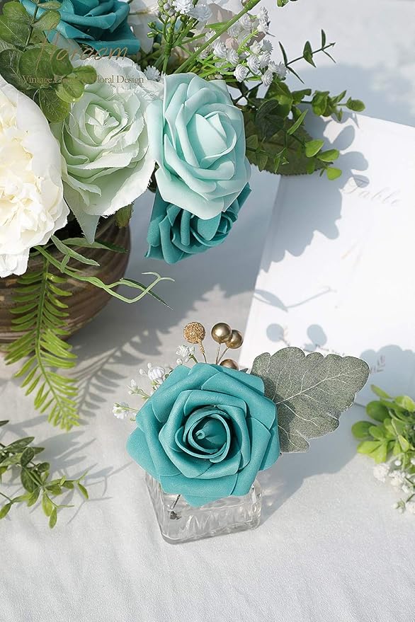 Floroom Artificial Flowers 25pcs Real Looking Teal Green Foam Fake Roses - Image 6