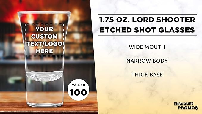 Custom 2 oz. Lord Shooter Etched Shot Glasses, 100 pack, Personalized Text - Image 3