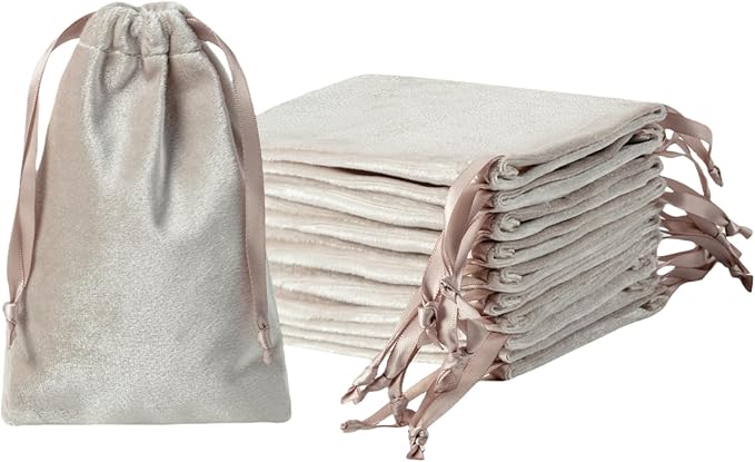 QIANF 12pcs Light Champagne Velvet Drawstring Bags 4x6 inches Glossy Small by QIANF