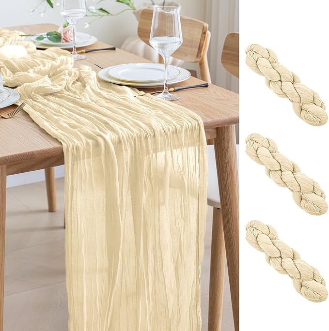 Asee'm 3pcs Cheesecloth Table Runner 120 Inches Long Beige Boho Gauze Cheese by Aseem
