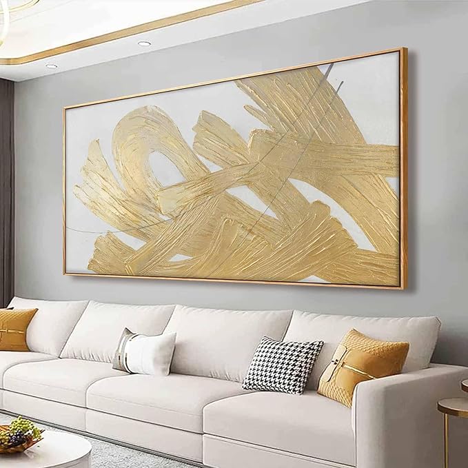 XIANSHOU Gold and White Canvas Wall Art Abstract Wall Artwork Neutral Wall by XIANSHOU