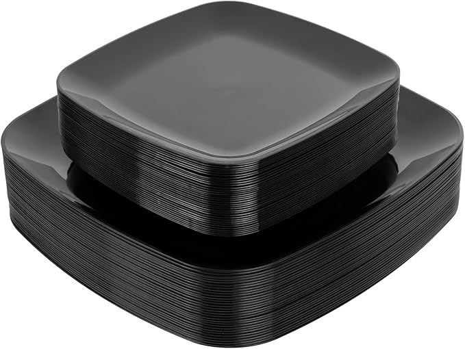 PULOTE 60PCS Black Square Plastic Plates Disposable by PULOTEpartywareWesupplyproductsandyouenjoylife