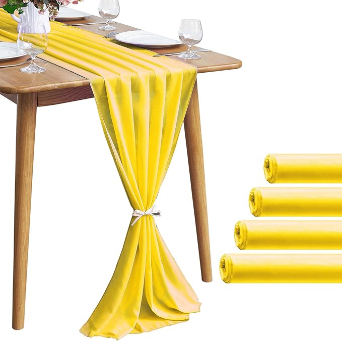 5 Pack 10Ft Chiffon Yellow Table Runner Sheer 29x120 Inch by Pufogu